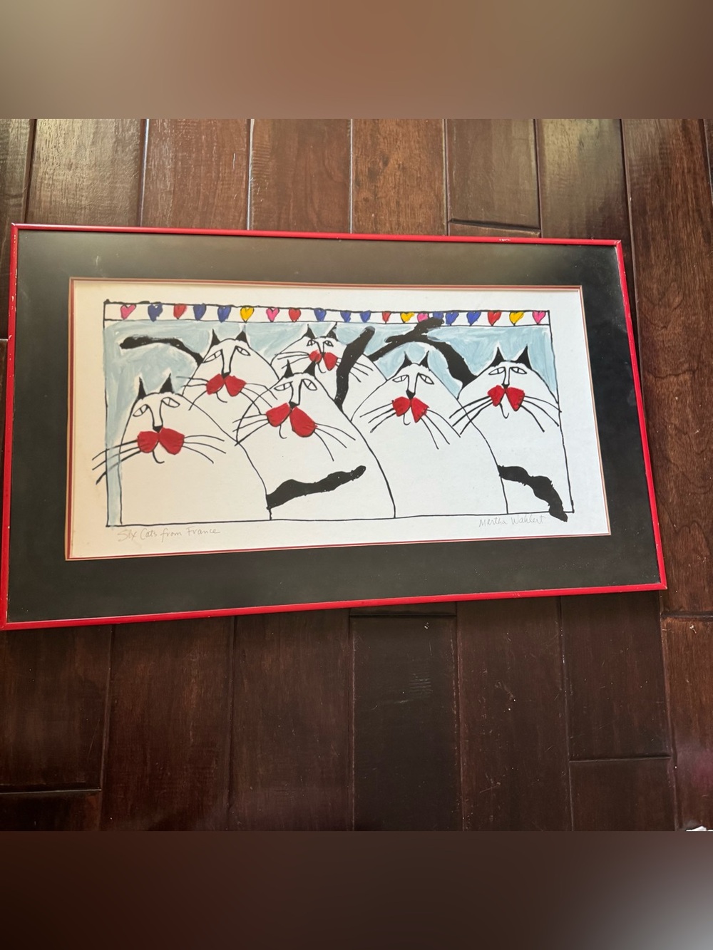 Martha Wahlert Six Cats from France signed large framed art 29.5”x 17.75” 90s